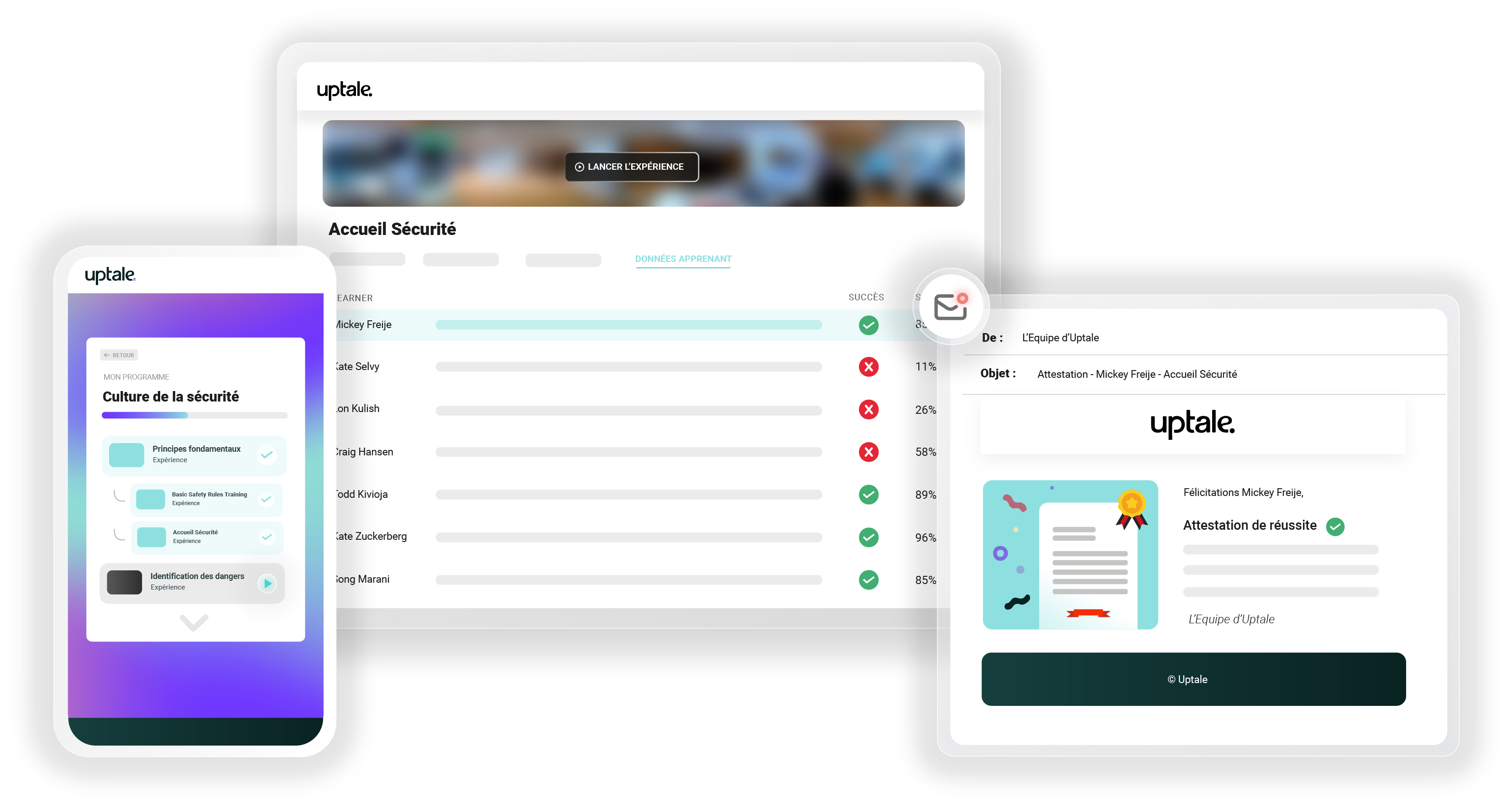 Interface de formation à la sécurité numérique permettant de suivre la progression des cours et d'obtenir un certificat sur la plateforme Uptale.