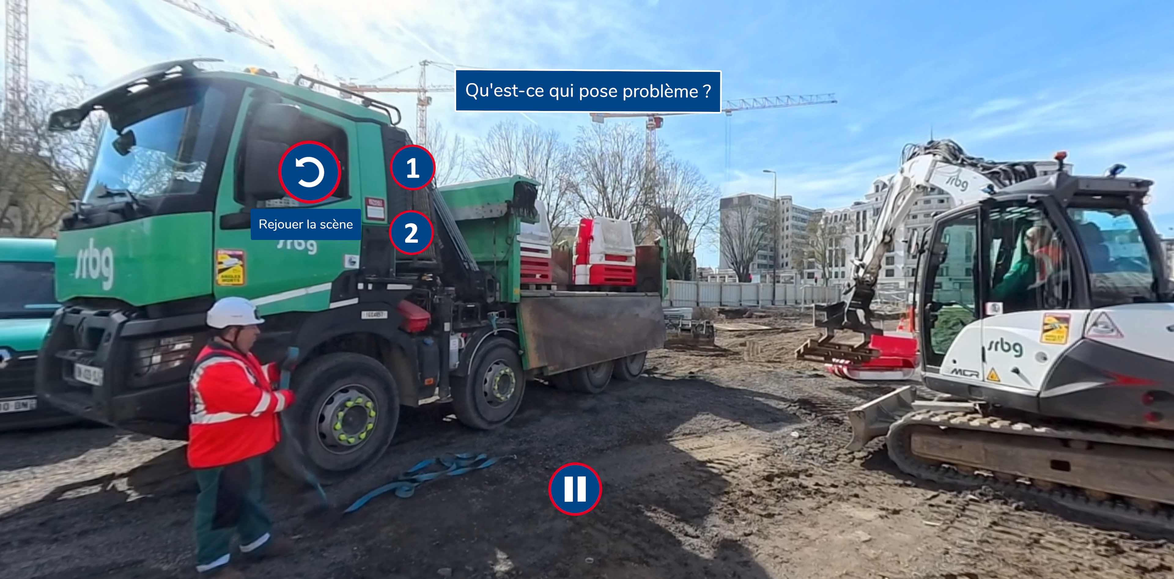 Atelier 3 : guidage et déchargement des camions, un camion et une pelle sur chantier