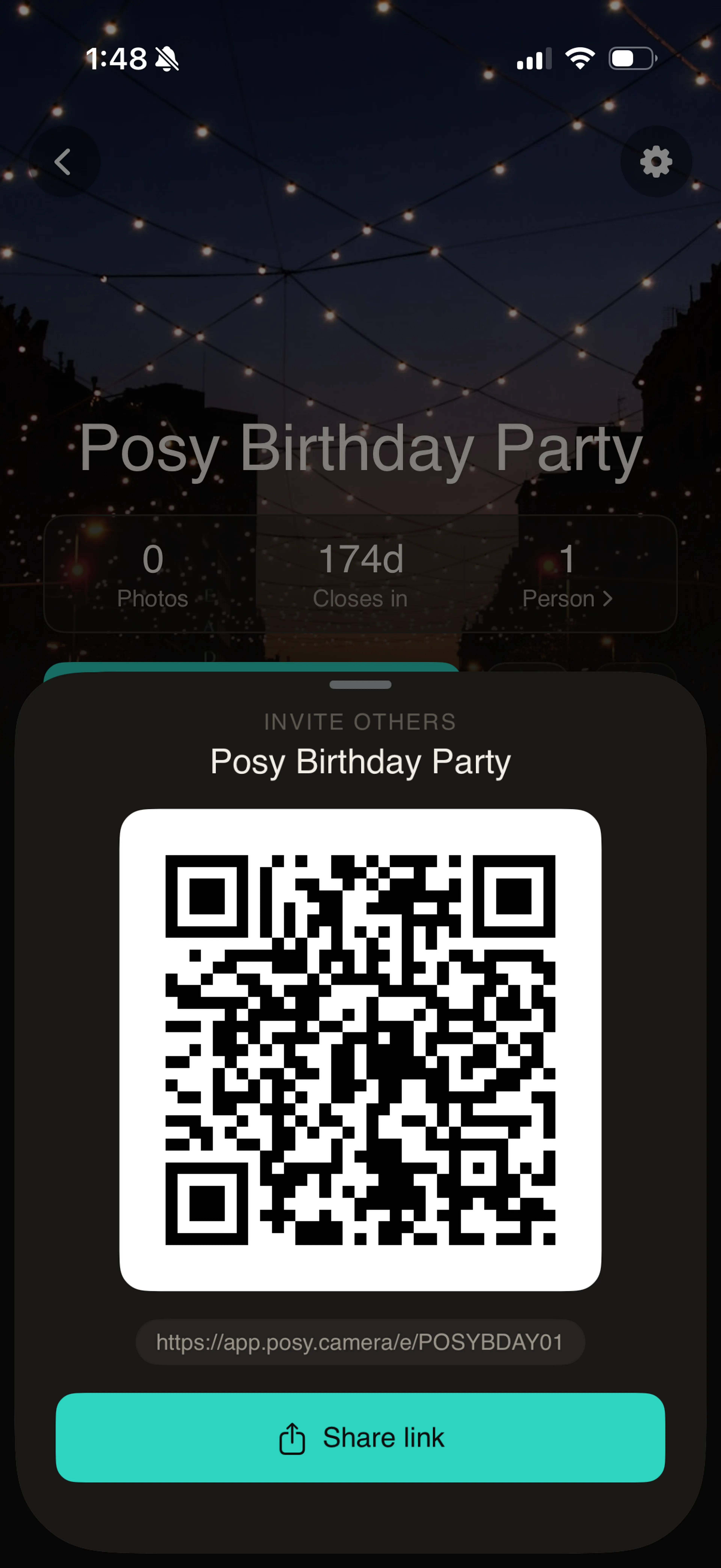 The Posy invite sheet with a QR code guests scan to join