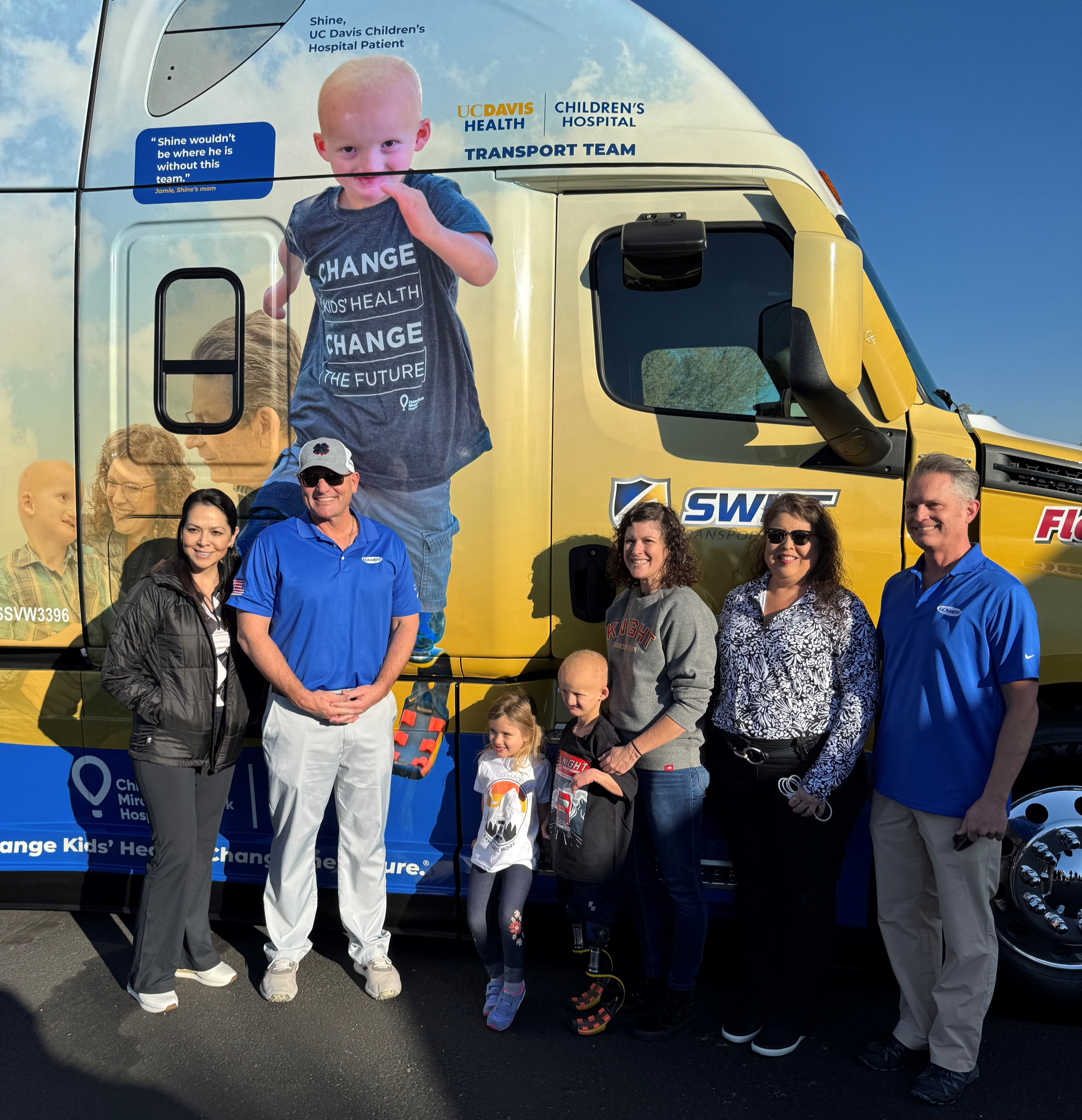 Lowen Corporation designed, manufactured and installed wraps on two Knight-Swift trucks featuring Shine, unveiled at the Knight-Swift Charity Golf Classic for UC Davis Children’s Hospital.