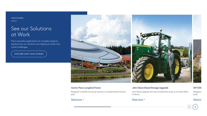 Case study images: a leisure park, a person working on a tractor, and a residential scene. Text highlights solutions and projects.