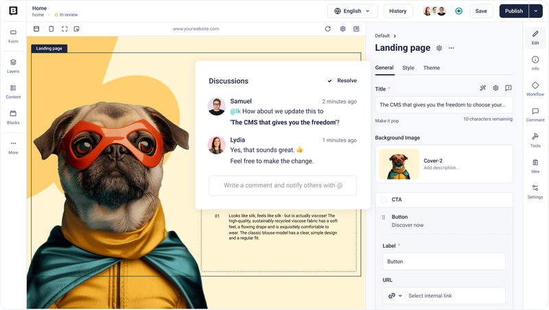 Storyblok editor showing a pug in a superhero costume, with discussion comments on updating text. Interface elements are visible.