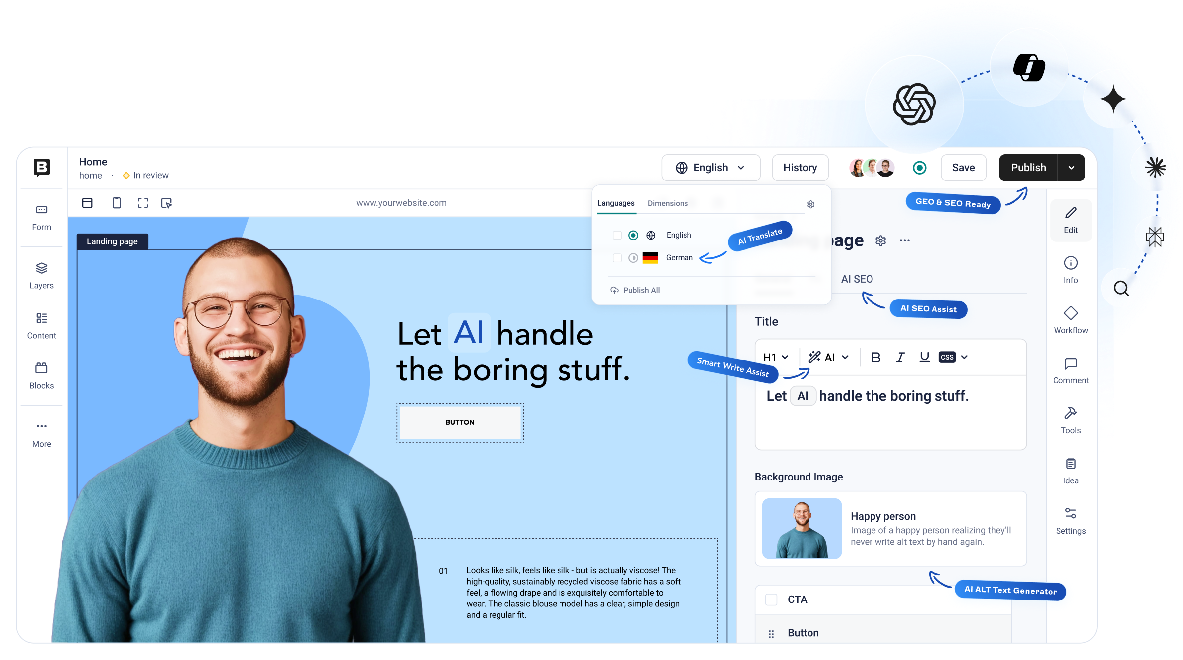 A smiling person in a blue sweater is on a website editor screen with AI tools and language options visible.