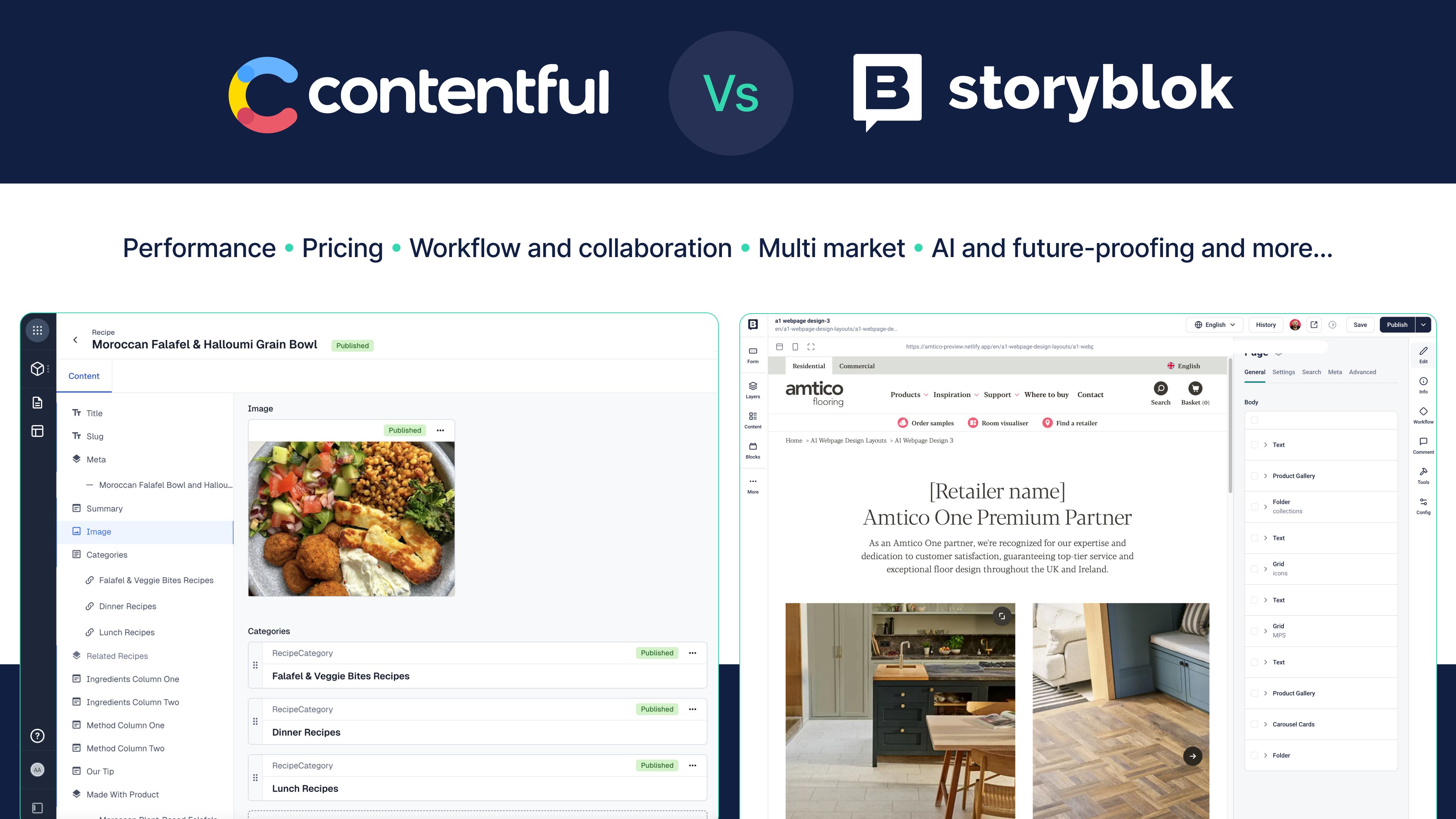Comparison of Contentful and Storyblok interfaces, highlighting features like performance, pricing, workflow, collaboration, and AI integration.