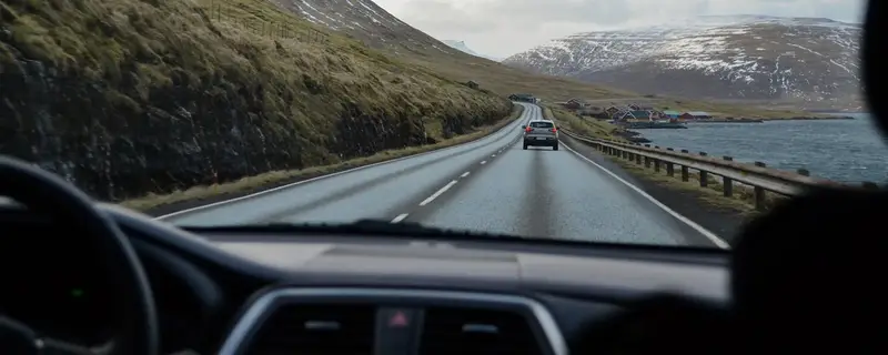 Inside car view of winter landscape