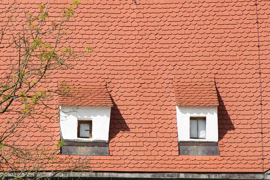 Nahaufnahme eines Daches mit roten Dachziegeln und Dachfenstern.