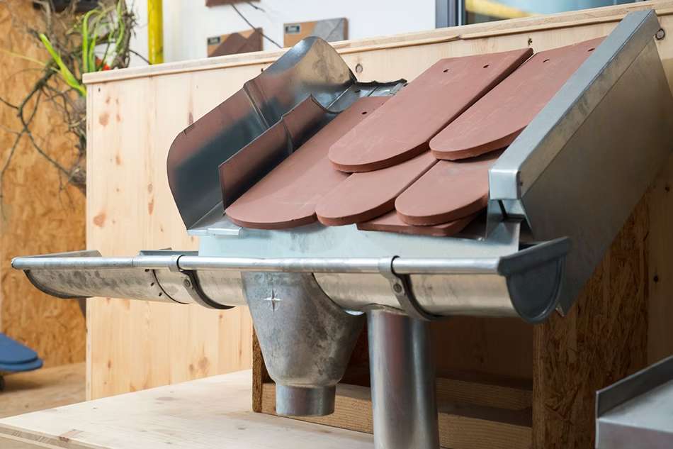 Ein aufgebautes Metallmodelle eines Dachteils mit Regenrinne mit mehreren Ziegelplatten in einem Schauraum..