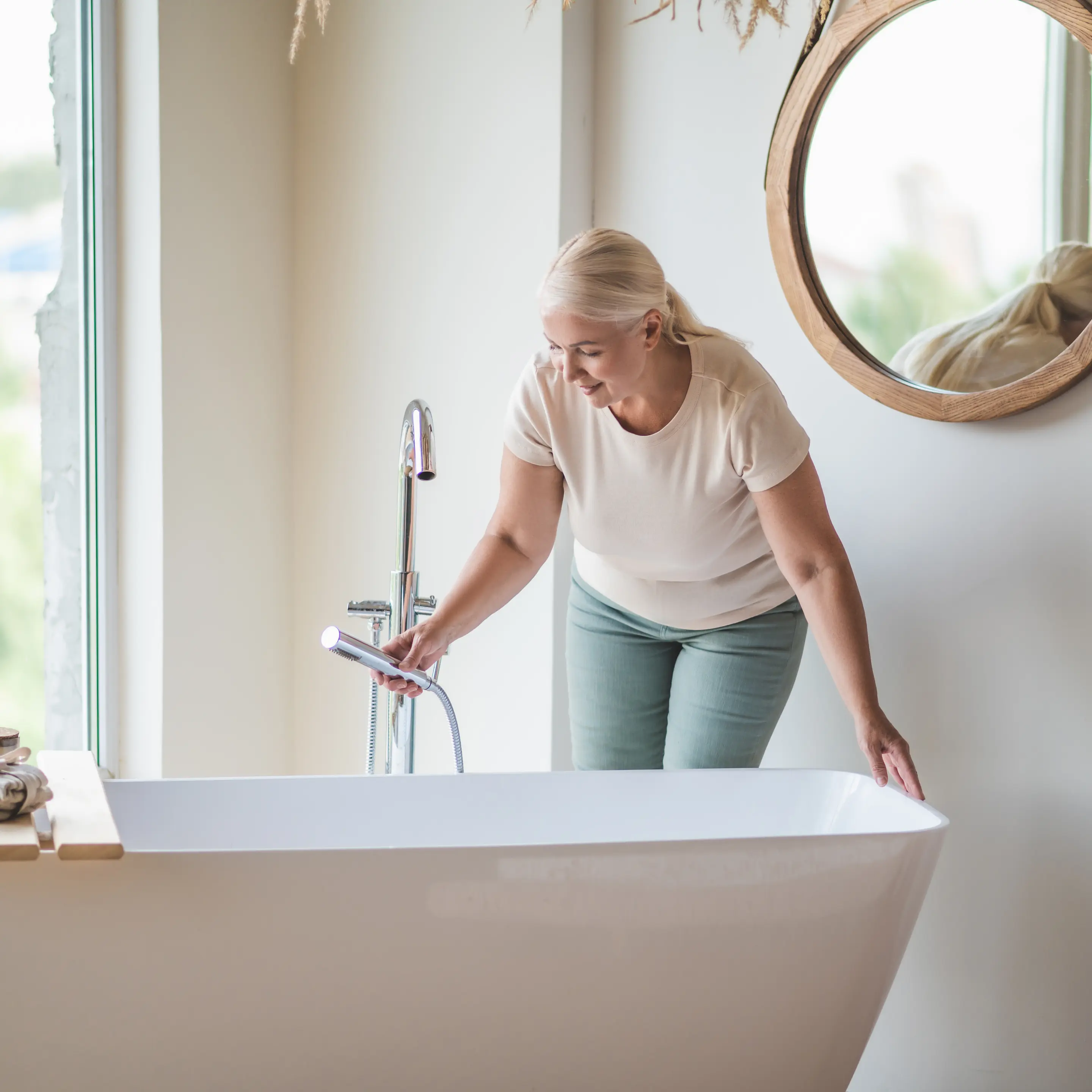 Eine Frau beugt sich über eine frei stehende Badewanne in einem hellen Badezimmer und lässt Wasser einlaufen.