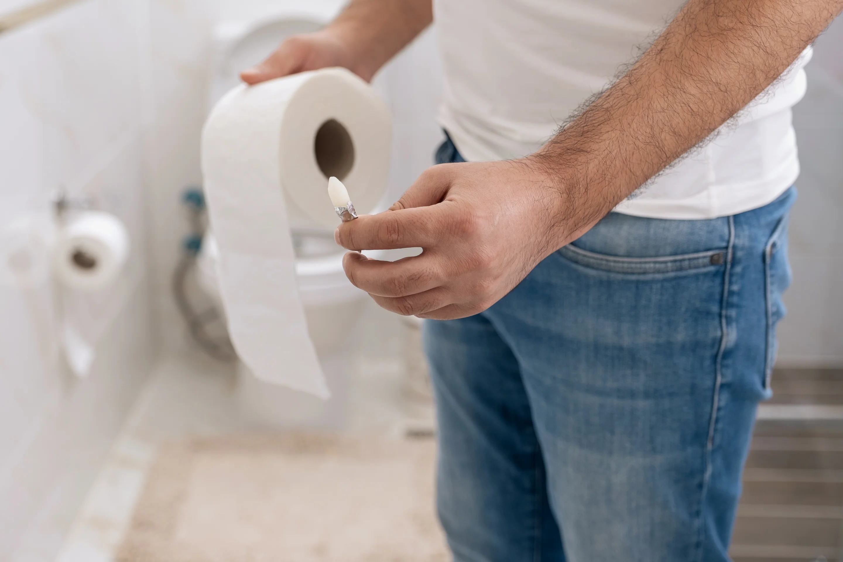 Ein Mann steht in einem Badezimmer vor der Toilette und hält eine Rolle Toilettenpapier in der einen und ein Hämorrhoiden-Zäpfchen in der anderen Hand.