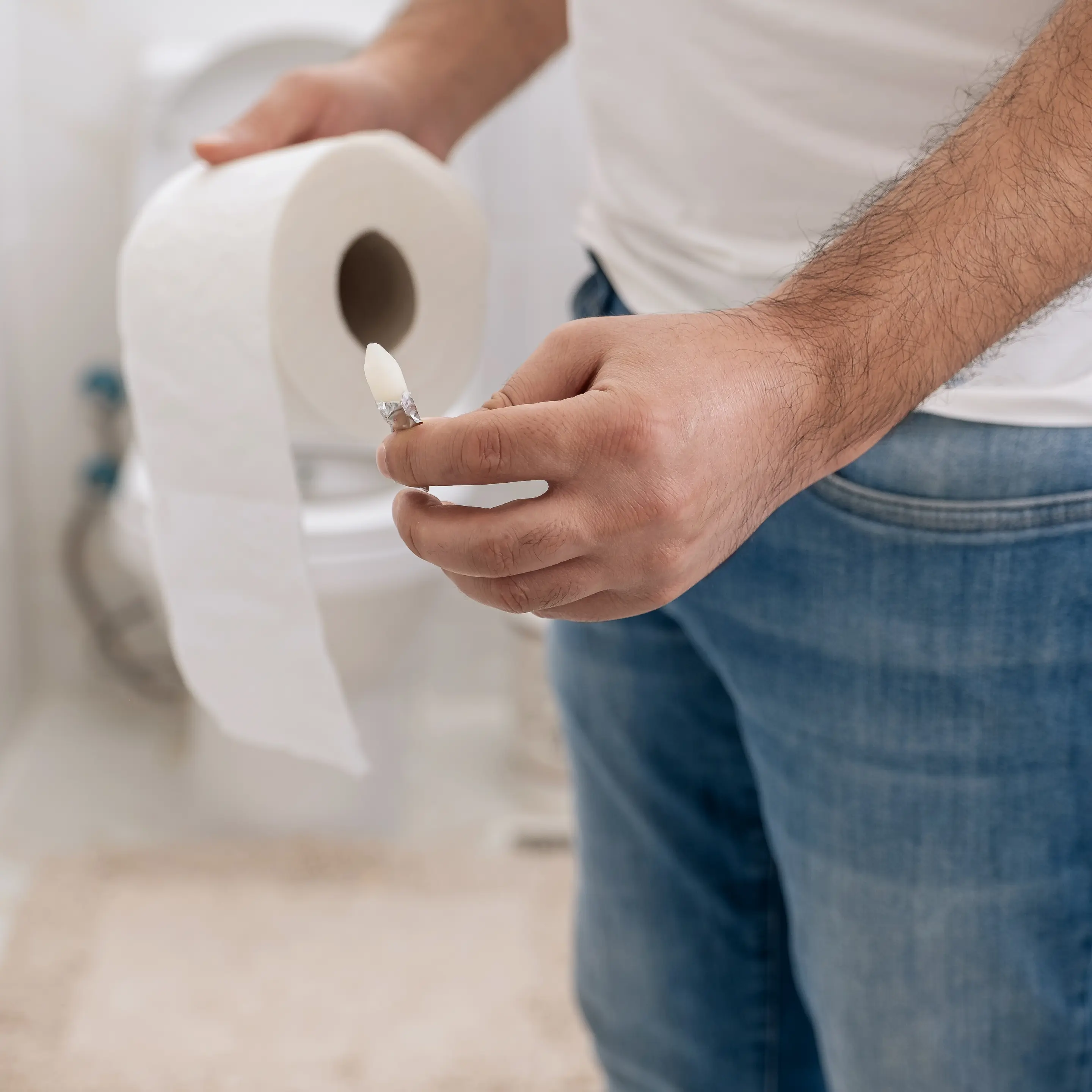 Ein Mann steht in einem Badezimmer vor der Toilette und hält eine Rolle Toilettenpapier in der einen und ein Hämorrhoiden-Zäpfchen in der anderen Hand.
