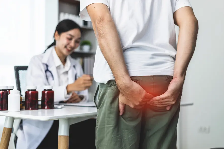 Patient steht in einer Praxis vor einer Ärztin und fasst sich an das Gesäß; eine farbige Markierung verdeutlicht Beschwerden im Analbereich.
