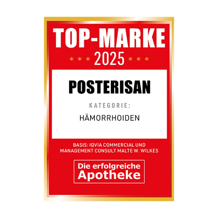 Auszeichnung TOP-MARKE 2025 für POSTERISAN in der Kategorie Hämorrhoiden, die erfolgreiche Apotheke