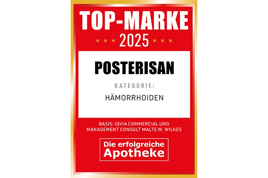 Auszeichnung TOP-MARKE 2025 für POSTERISAN in der Kategorie Hämorrhoiden, die erfolgreiche Apotheke