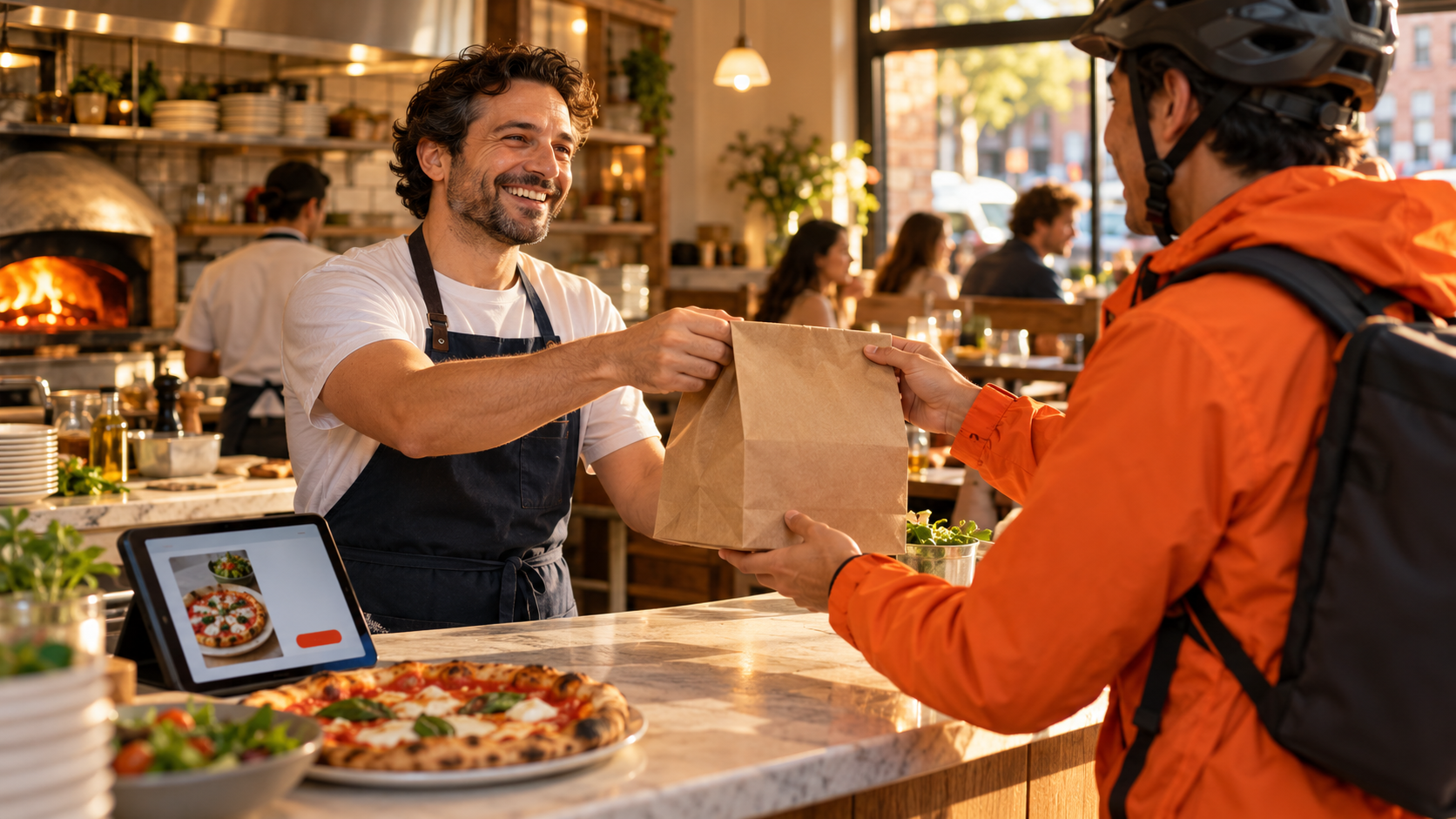 AI-generated editorial illustration of a restaurant owner handing a takeout order to a delivery courier.