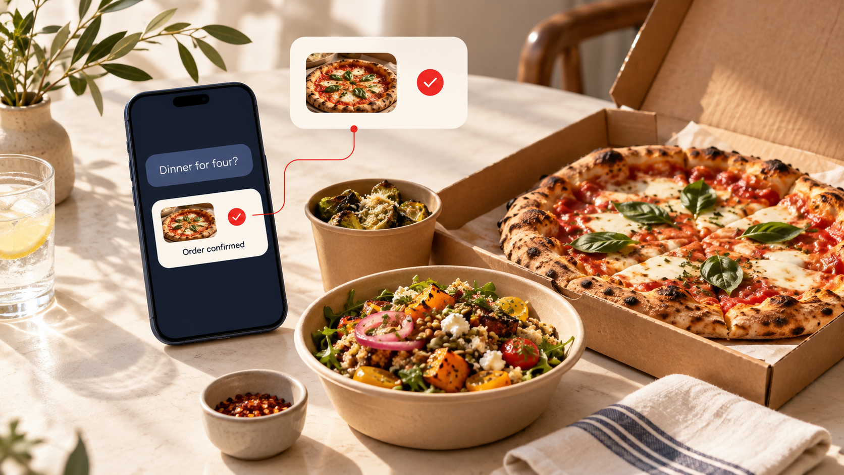 AI-generated editorial image of a restaurant meal beside a phone showing a confirmed AI-assisted dinner order.