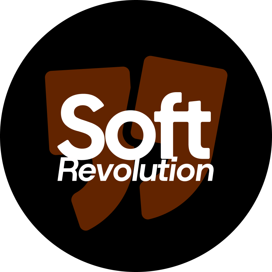 Soft Revolution logo with white bold text on brown shield shapes against a black circular background