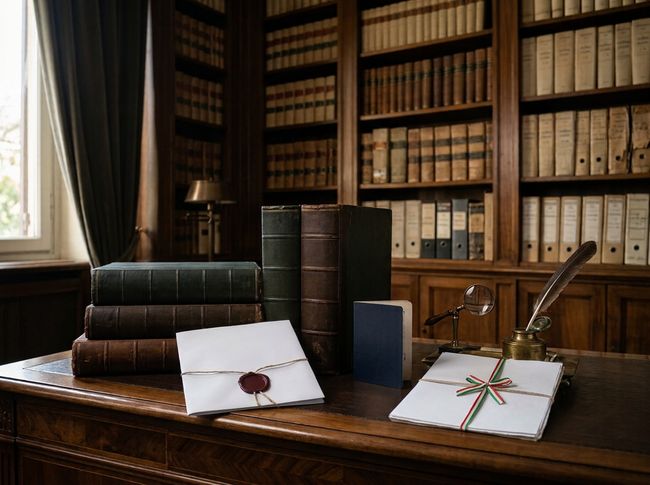 A study with wooden shelves filled with books, a desk holding stacks of books, sealed letters, a magnifying glass, and a quill in an inkwell.