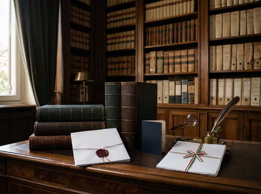 A study with wooden shelves filled with books, a desk holding stacks of books, sealed letters, a magnifying glass, and a quill in an inkwell.