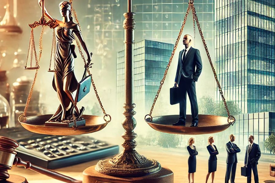 Scales of Justice balancing Lady Justice and a businessman, with office buildings and people in suits in the background.