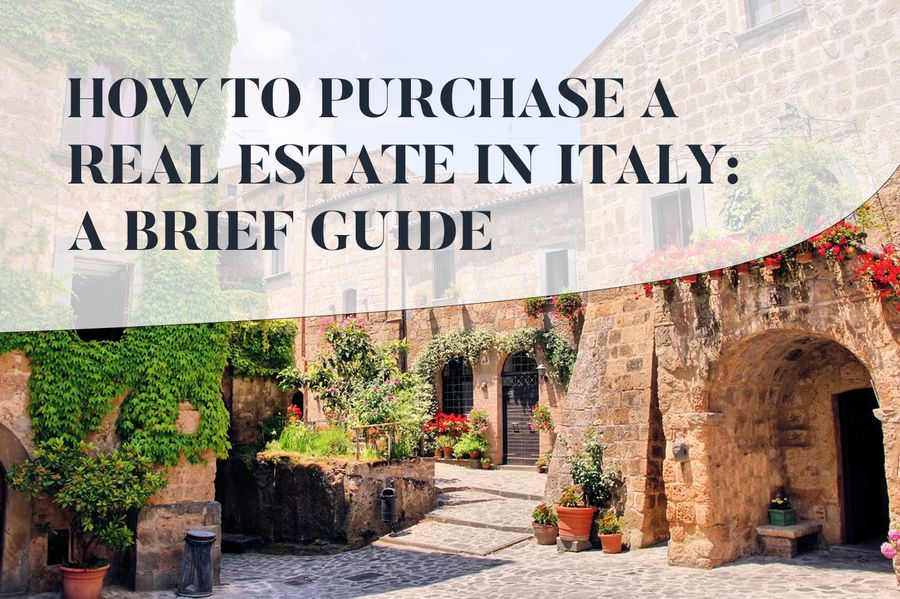 Guide cover with "How to Purchase Real Estate in Italy" text over a charming Italian courtyard with ivy-covered stone buildings.