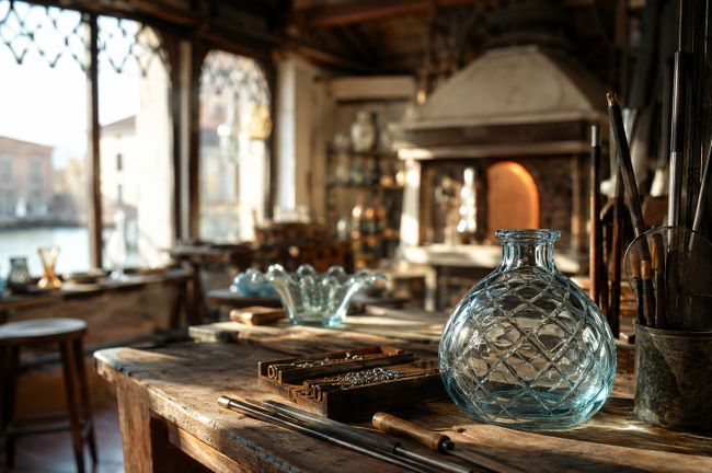 Glassblowing studio with tools and a patterned glass vase on a wooden table, sunlight streaming through large windows in the background.