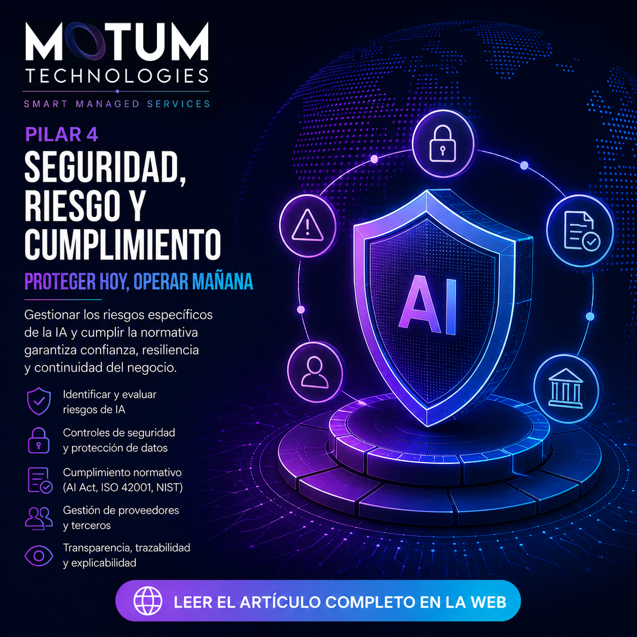 Seguridad, riesgo y cumplimiento: ampliar el modelo tradicional de ciberseguridad Framework de cinco pilares para gobernar la inteligencia artificial, gestionar riesgos y desplegar IA empresarial Descripción: Representación del modelo de AI Governance basado en estrategia, inventario, arquitectura y datos, seguridad y gestión operativa de la inteligencia artificial.