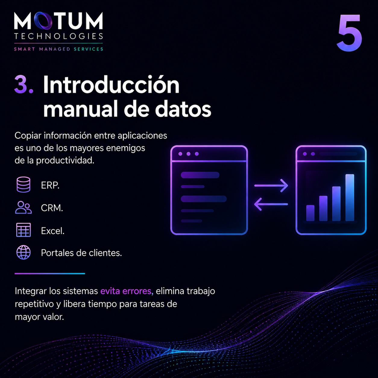 Integración ERP y CRM para automatizar datos Automatización mediante integración entre ERP, CRM y aplicaciones para eliminar tareas manuales y errores. Integrar sistemas empresariales mejora la calidad de los datos, elimina duplicidades y aumenta la productividad de toda la organización.