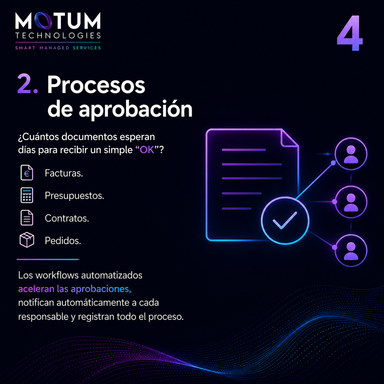 Automatizar procesos de aprobación en la empresa Workflows inteligentes para automatizar aprobaciones de facturas, contratos, presupuestos y pedidos empresariales. Los procesos de aprobación automatizados aceleran la toma de decisiones, reducen retrasos y ofrecen mayor control sobre la organización.