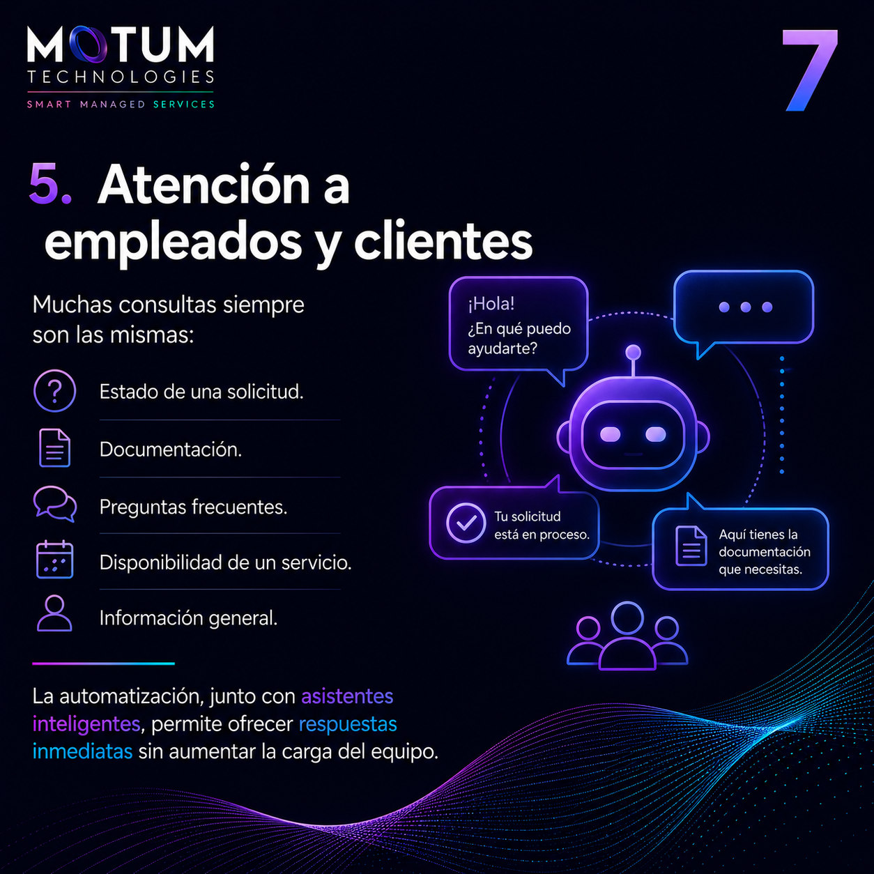 Automatización de atención a clientes y empleados Automatización inteligente para responder consultas frecuentes y mejorar la experiencia de clientes y empleados. Los asistentes inteligentes y procesos automatizados reducen tiempos de respuesta y aumentan la eficiencia del servicio.