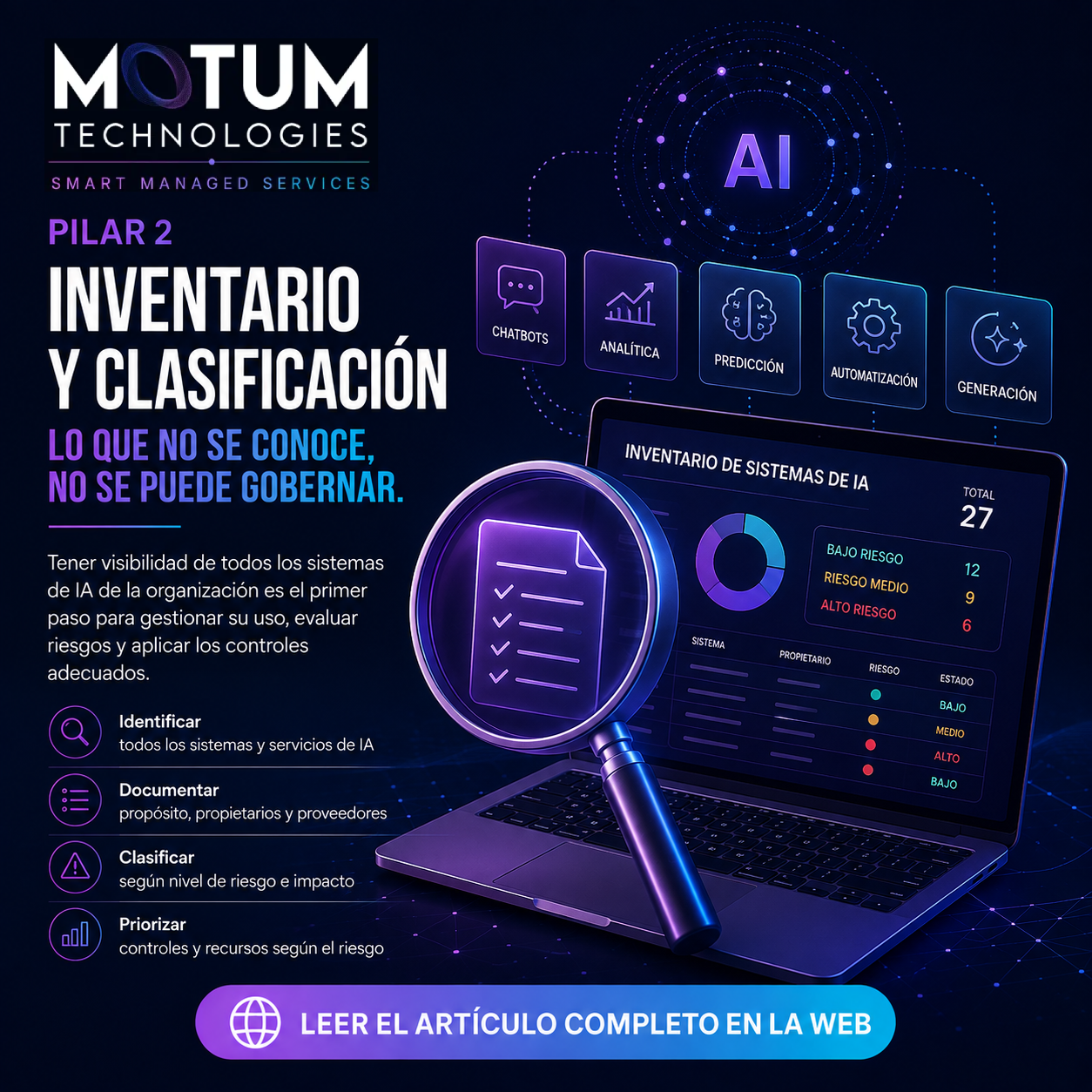 Inventario y clasificación: no se puede gobernar lo que no se conoce Descubre los 5 pilares de AI Governance para integrar inteligencia artificial con control, seguridad, trazabilidad y una gestión adecuada del riesgo.