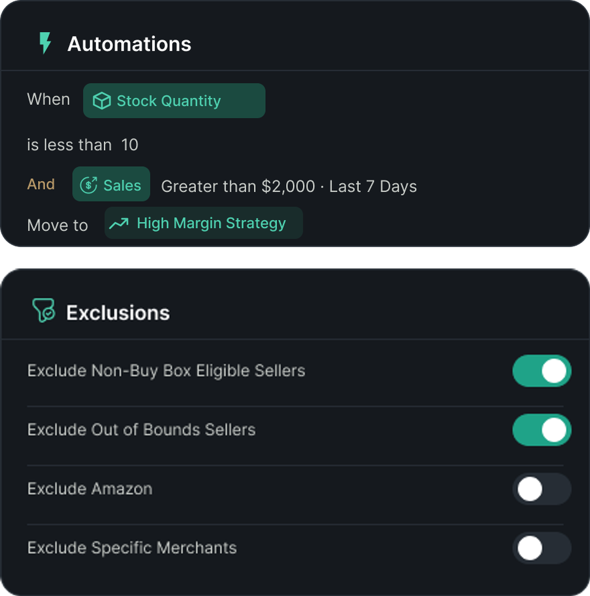 Schede di configurazione delle regole di Automazioni ed Esclusioni di Repricer