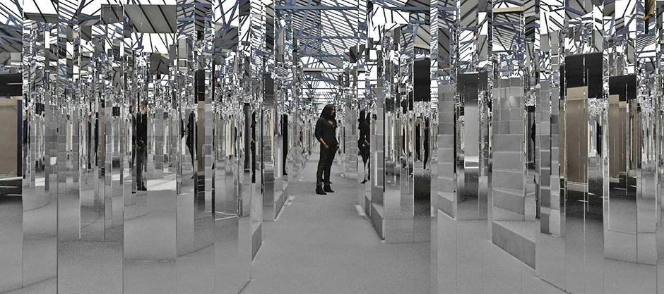 Woman in hall of mirrors.