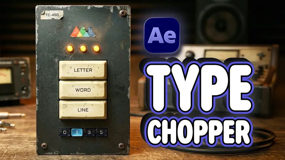 The fictional Type Chopper TC-450 beside an After Effects badge and Type Chopper title treatment.