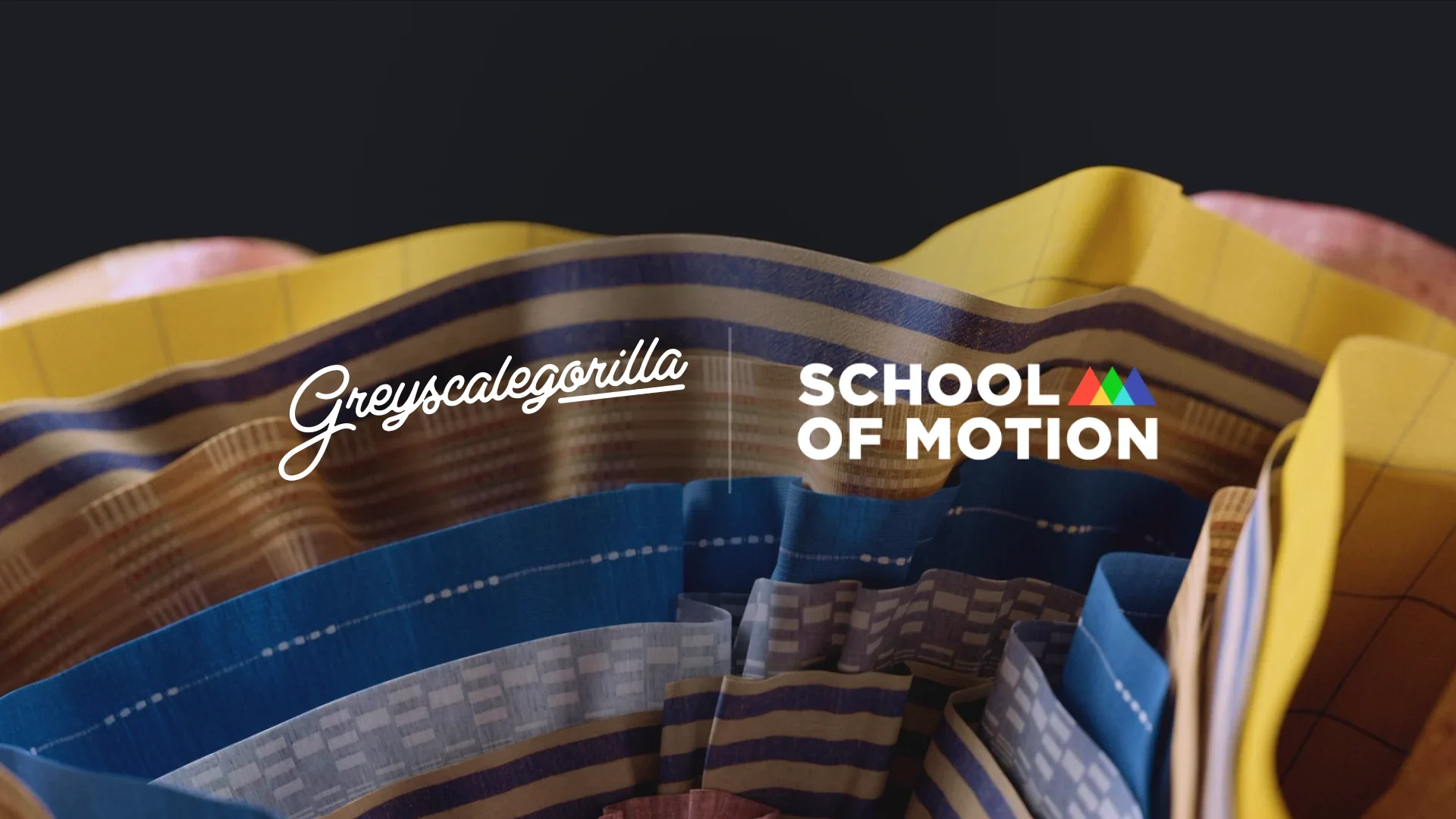 Greyscalegorilla and School of Motion logos over folded yellow, blue, and patterned 3D fabric.