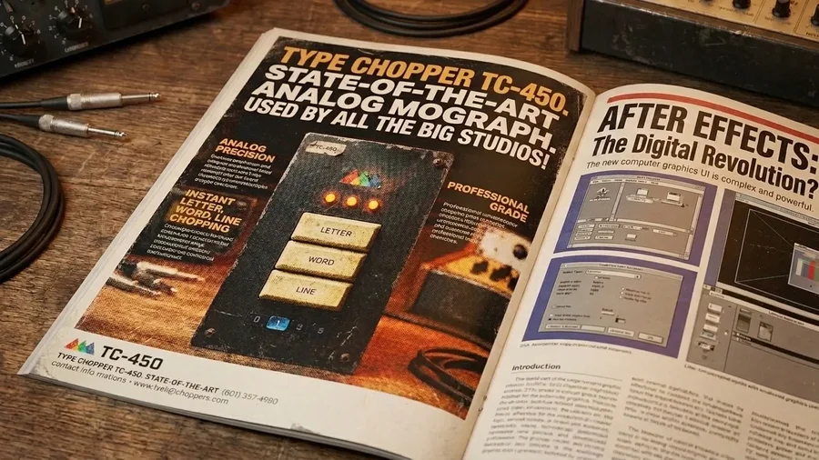 A vintage magazine spread advertising the fictional Type Chopper TC-450 beside an early After Effects article.