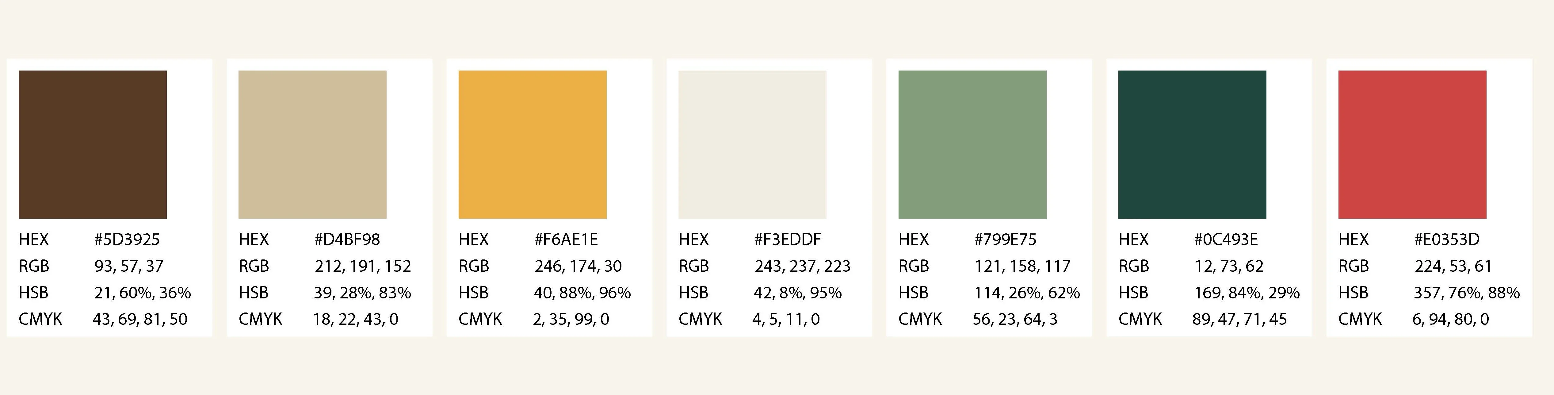 Holiday card color palette: brown, tan, gold, cream, sage, deep green, and red