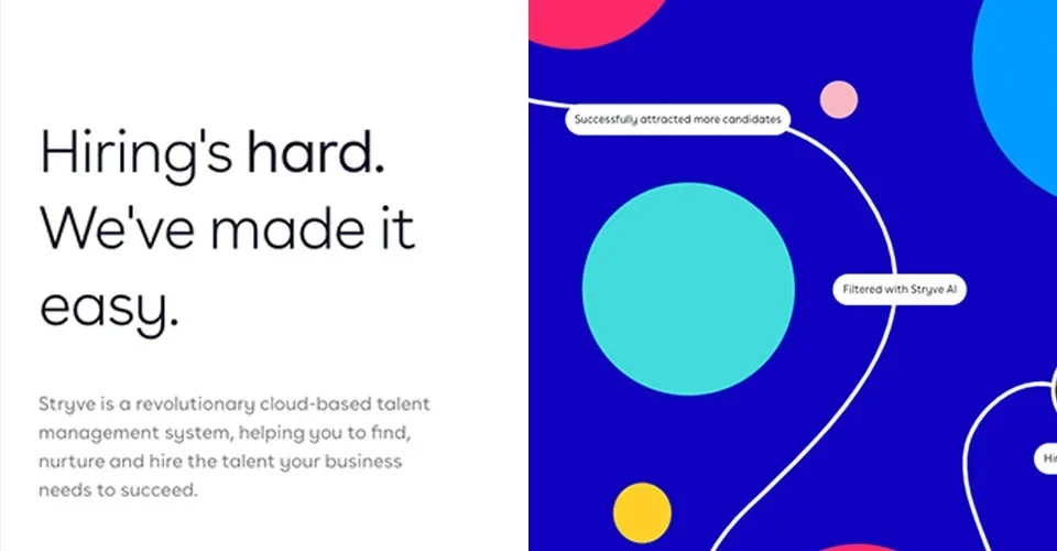 Stryve app website with animated hiring platform interface using Lottie