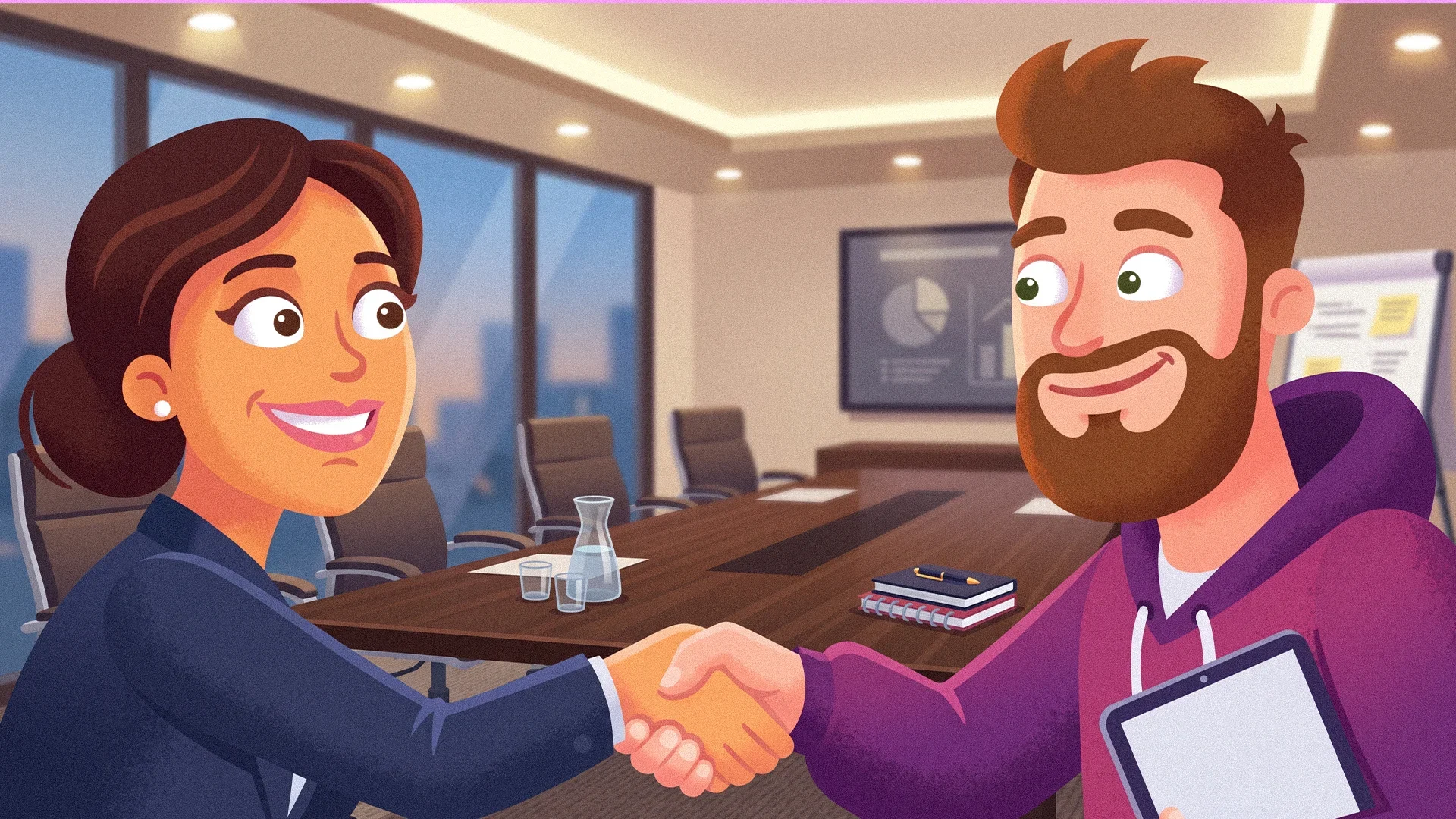 Illustration of a freelancer and client shaking hands in a conference room