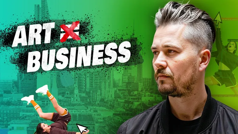 Ingi Erlingsson beside “ART ≠ BUSINESS” lettering on a green background.