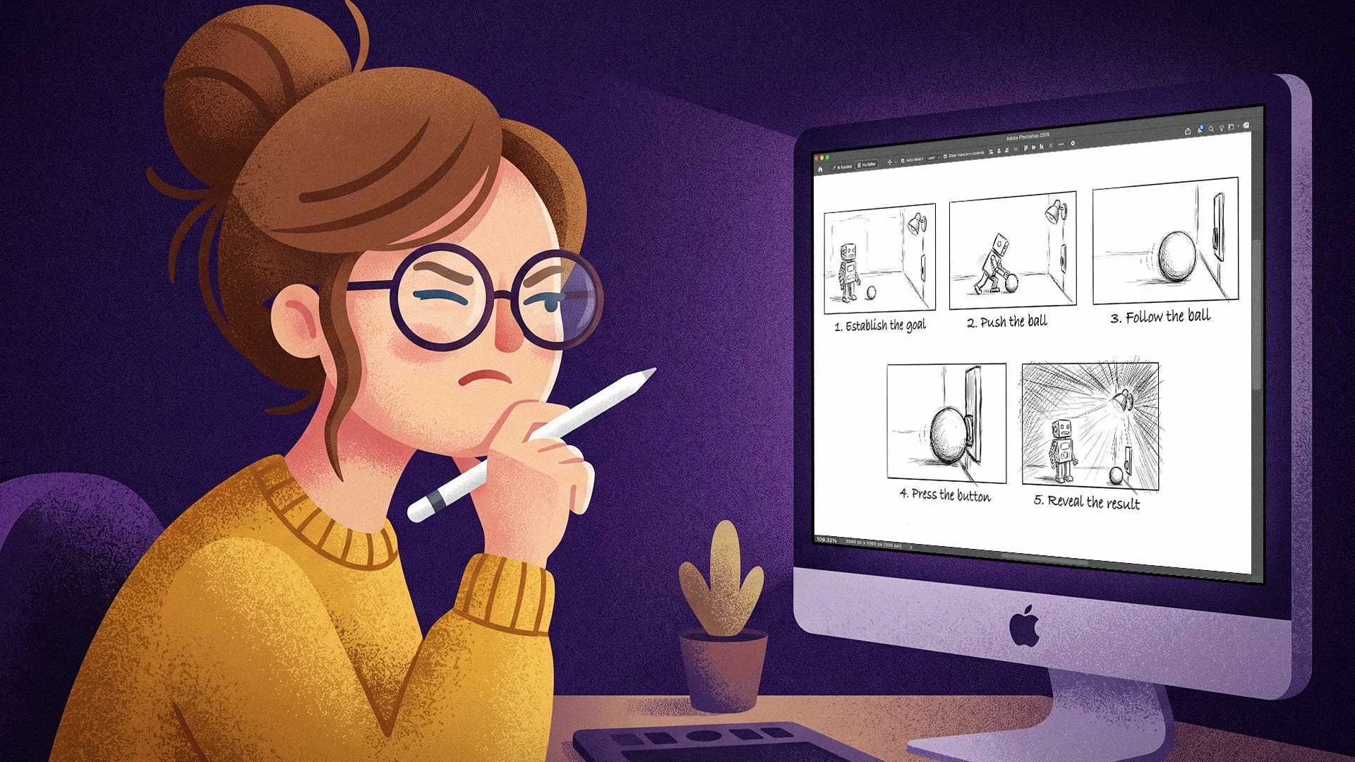 Illustrator reviewing five storyboard panels of a robot pushing a ball to switch on a light.