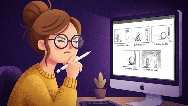 Illustrator reviewing five storyboard panels of a robot pushing a ball to switch on a light.