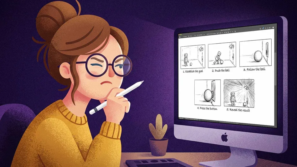 Illustrator reviewing five storyboard panels of a robot pushing a ball to switch on a light.