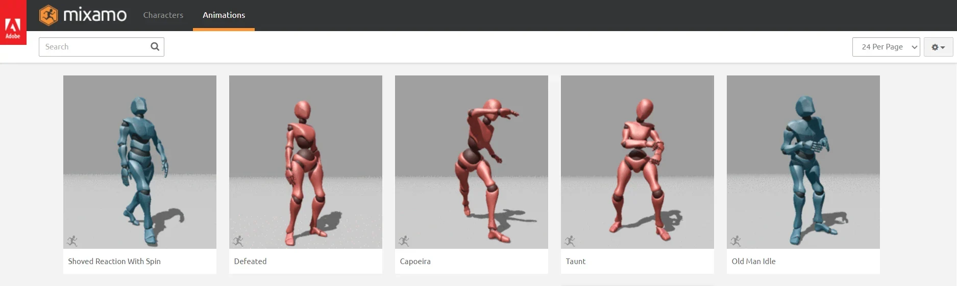 Mixamo animation library showing character animation thumbnails