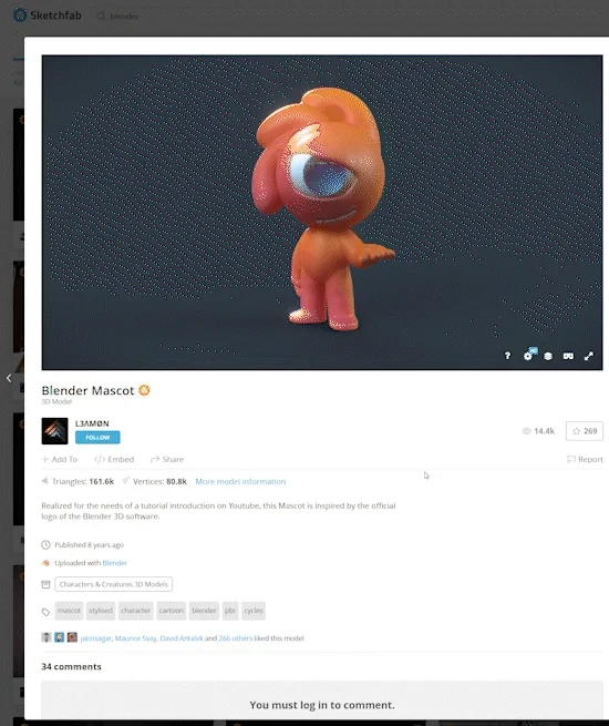 Sketchfab model page interface highlighting community comments and model download options.