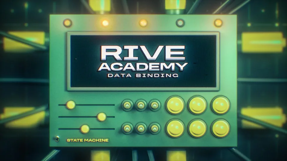 Retro-futuristic control panel displaying Rive Academy Data Binding