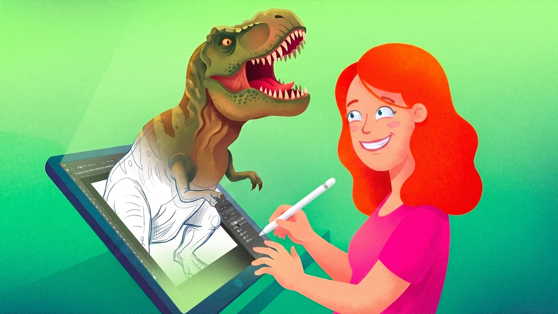 Illustrator drawing a Tyrannosaurus rex on a tablet