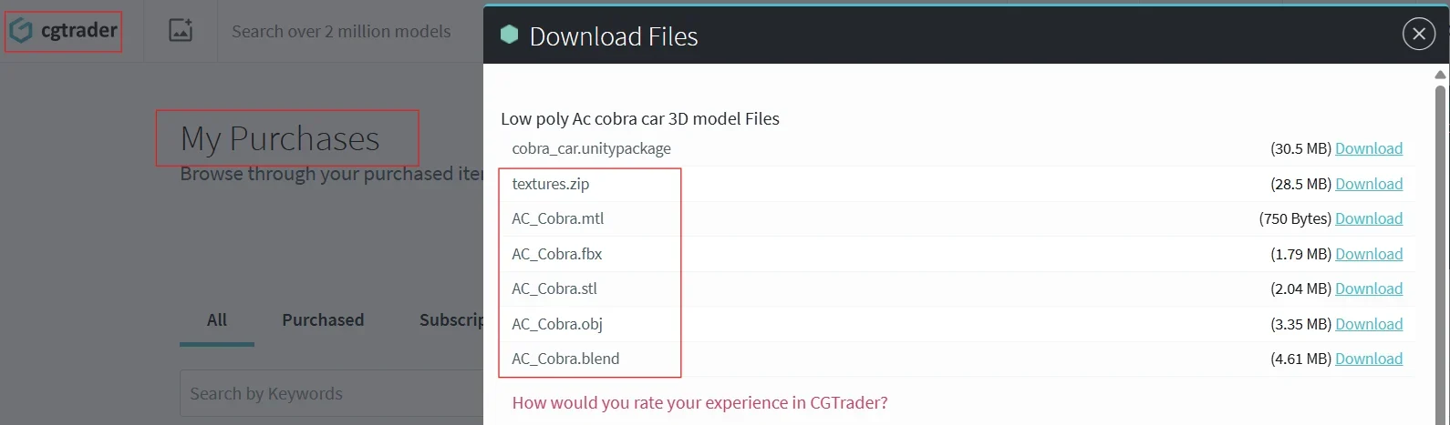 A user interface view of the CGTrader “Download Files” window, demonstrating various 3D asset file extensions like .max, .obj, .fbx, and native .blend files available for download.