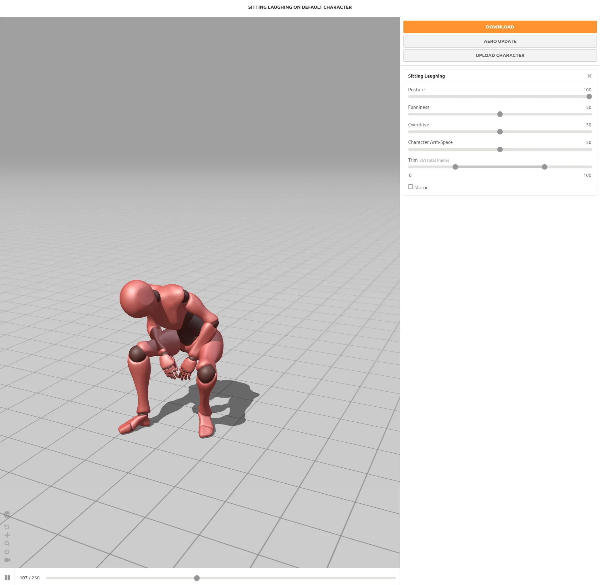 Mixamo animation preview with controls for motion settings and download
