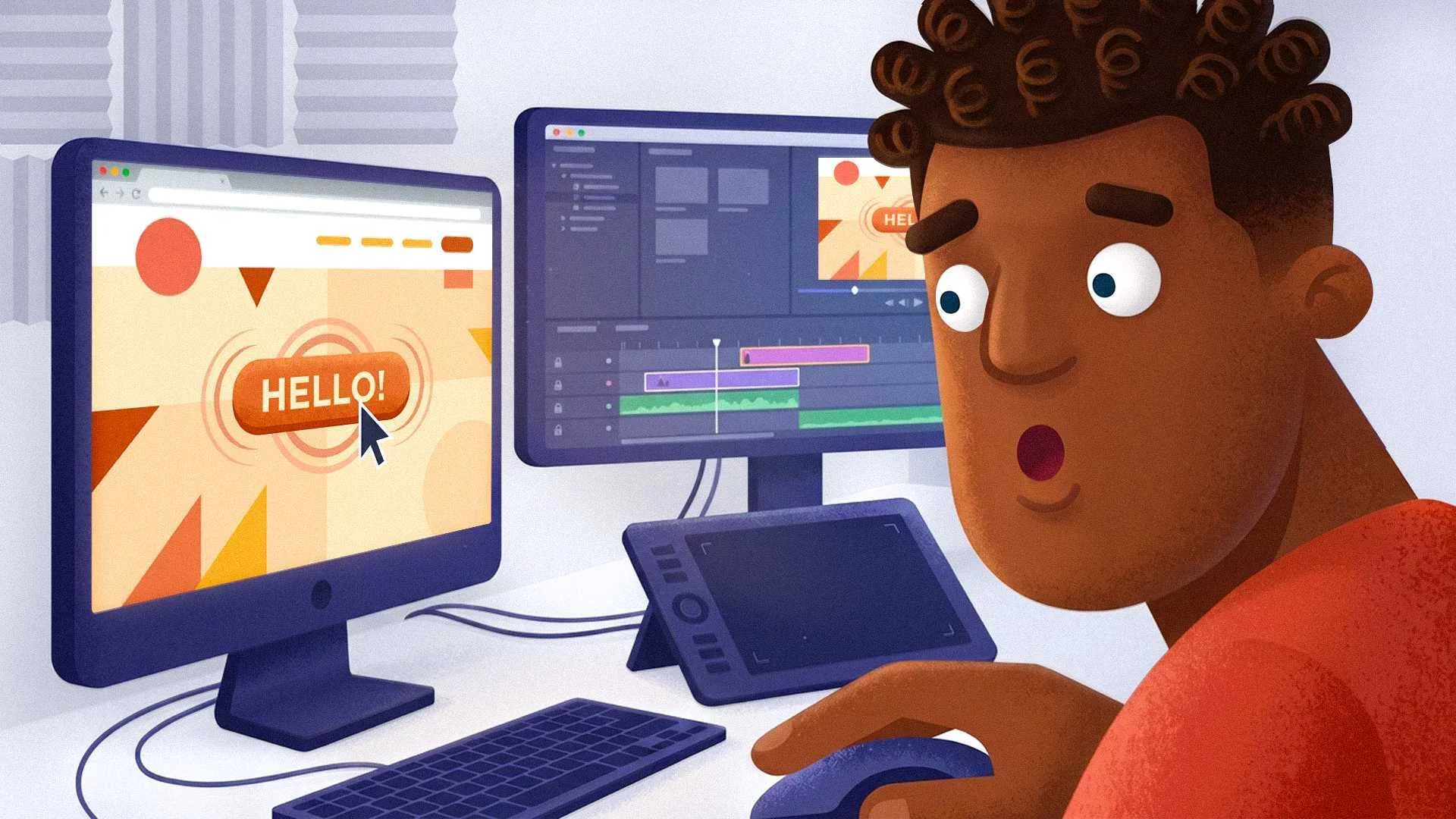 A character interacts with a portfolio website displayed on a computer, with animation software and a drawing tablet nearby.