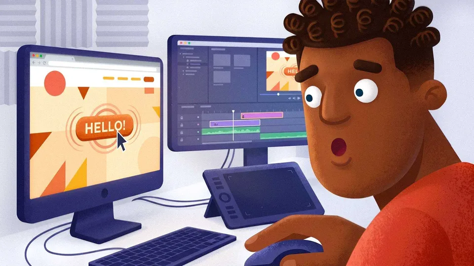 A character interacts with a portfolio website displayed on a computer, with animation software and a drawing tablet nearby.